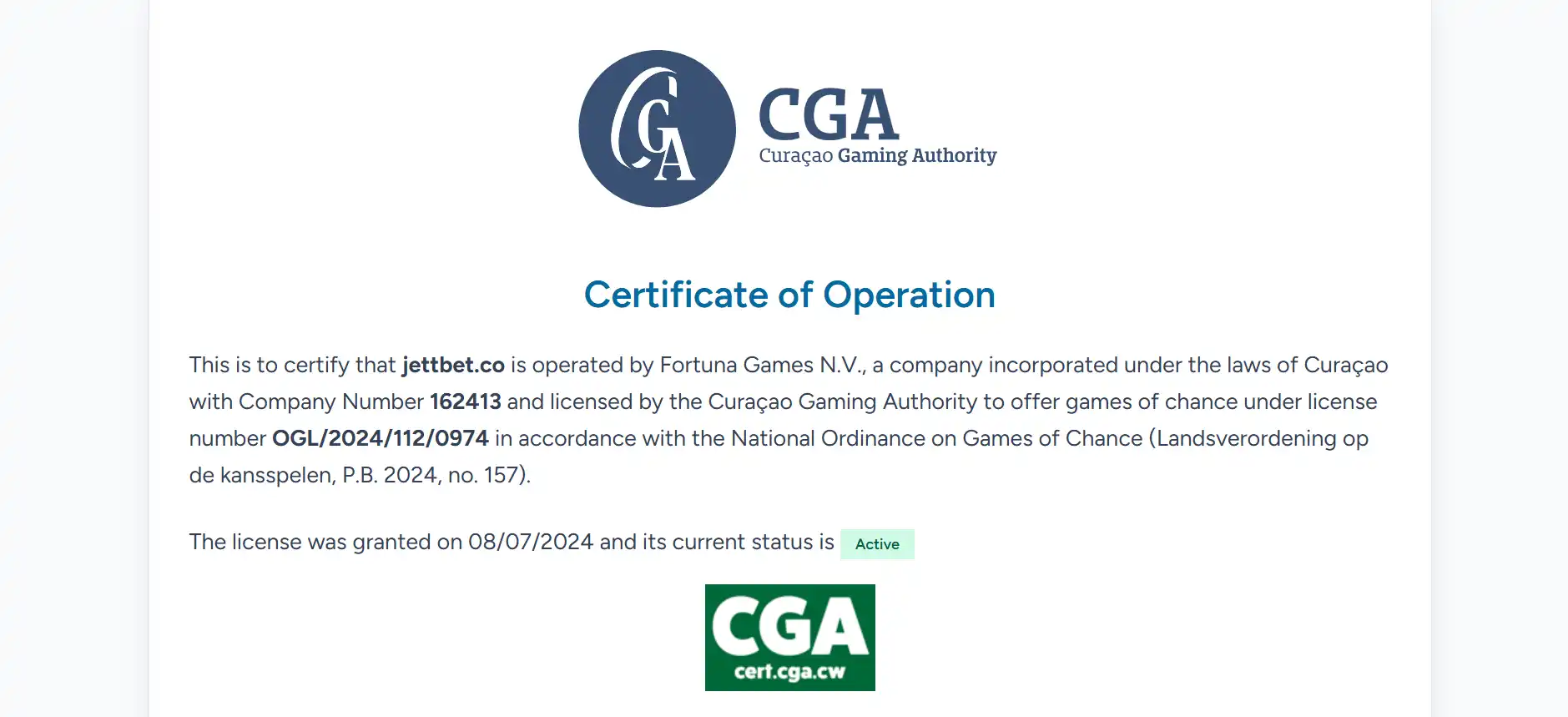 Curaçao Gaming Authority certificate naming jettbet.co